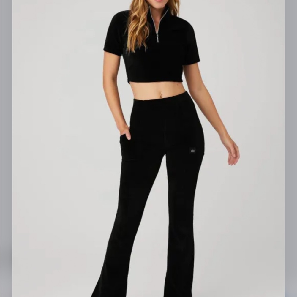 ALO Yoga Micro Corduroy Winter Break Mock Neck Crop Top & Pants Set Black